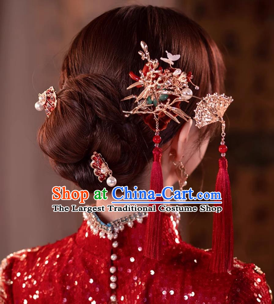 Traditional Chinese Wedding Red Tassel Headpieces China Cheongsam Hair Jewelries Handmade Bride Hair Accessories and Earrings