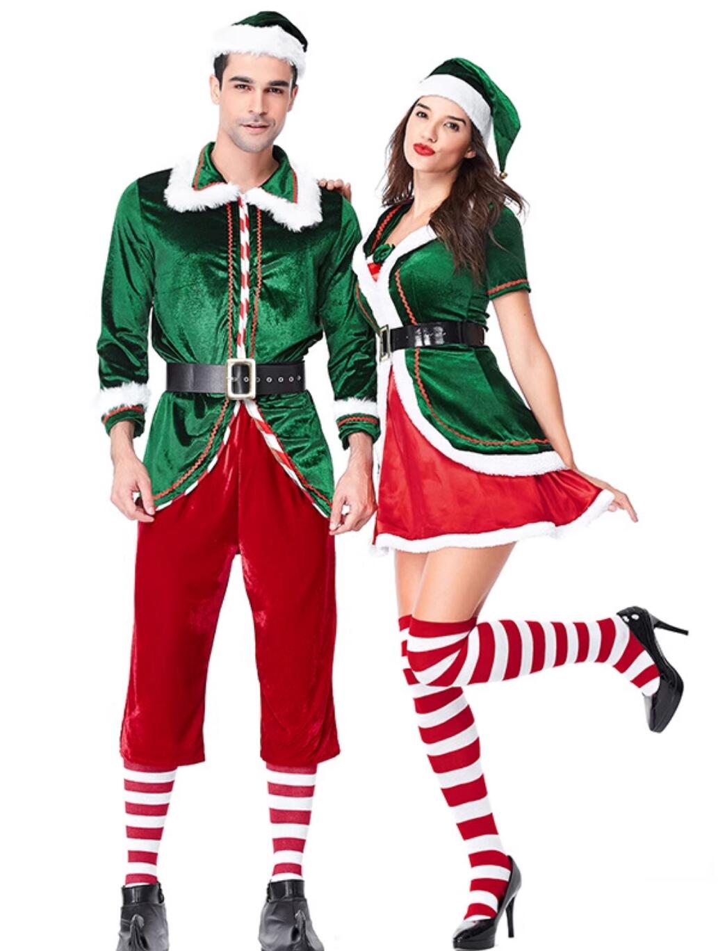 Christmas Day Theme Party Clothing Cosplay Elf Couple Costumes Christmas Green Outfits