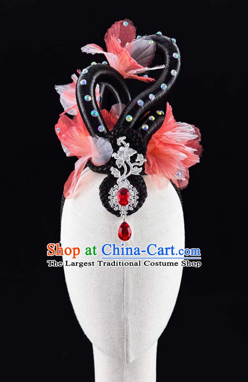 Zui Jing Bo Han Tang Beauty Wig Chinese Dance Performance Headdress Classical Dance Red Flower Headpiece