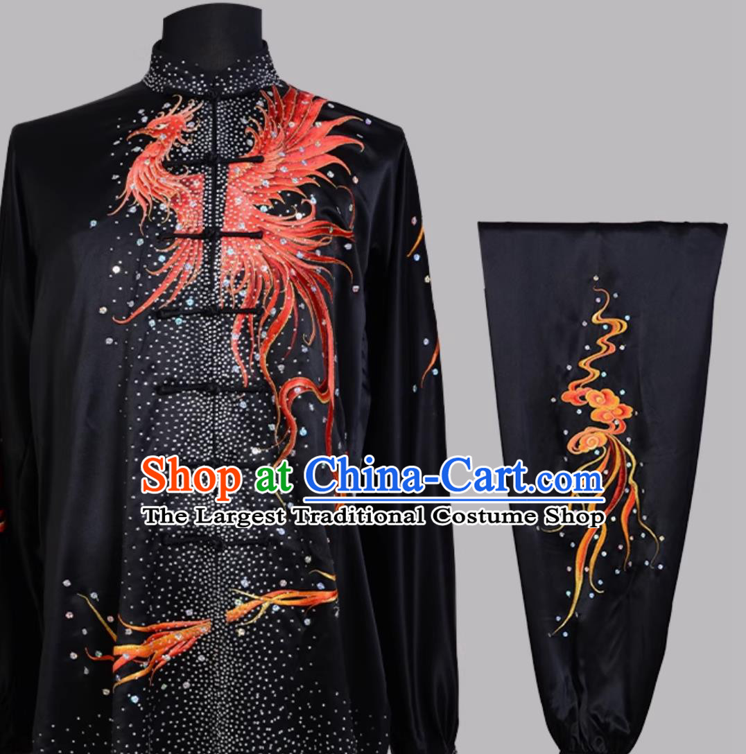 Black Pure Silk Embroidered Taiji Competition Uniform Chinese Style Training Outfit Sparkling Costume