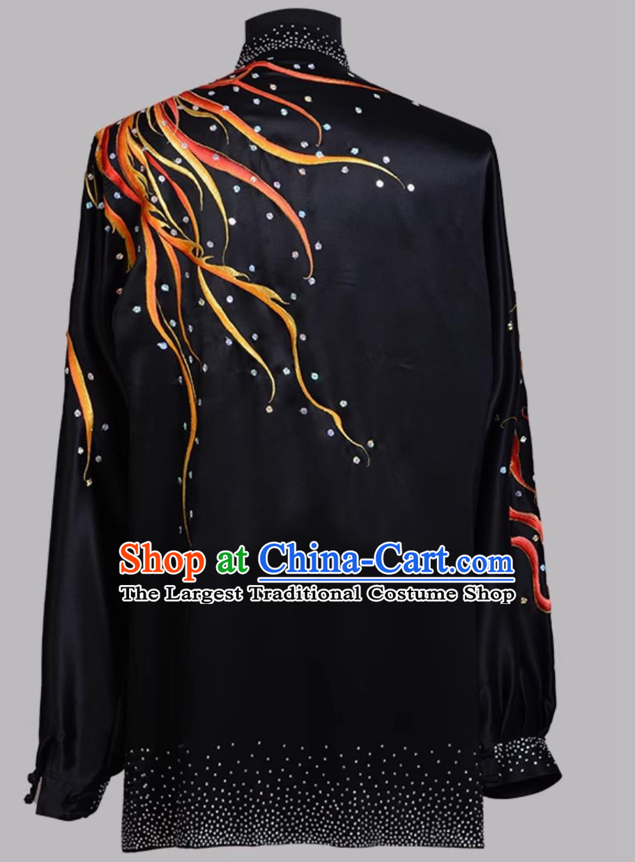 Black Pure Silk Embroidered Taiji Competition Uniform Chinese Style Training Outfit Sparkling Costume